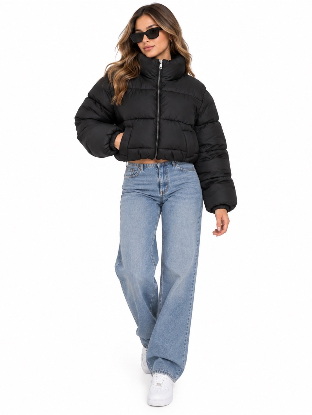 SWS Girlfriend Puffer Jacket Women’s Large Black Cropped Bubble Coat